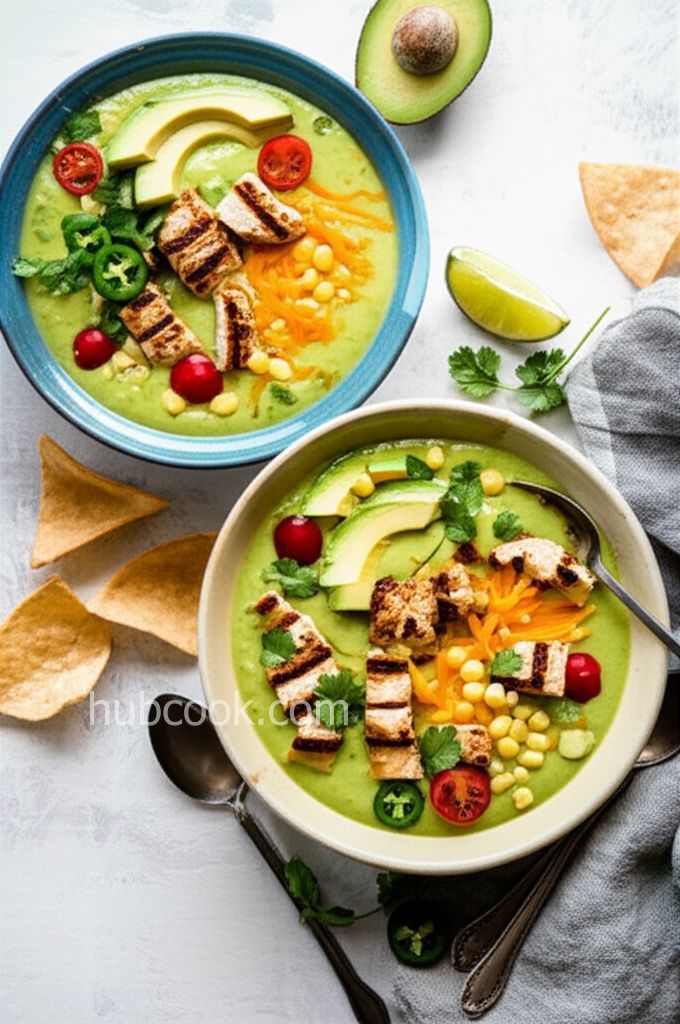 Holy Guacamole Soup with Grilled Lemon-Jerk Chicken